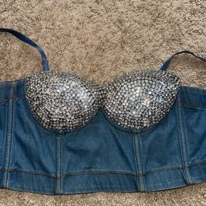 Denim and Silver Embellished Women's Top